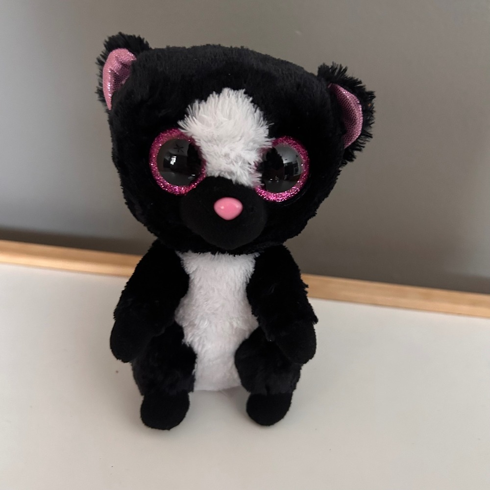 Ty Beanie Boos Flora the‎ Skunk Plush Black White Pink Glitter Eyes 6 inch 2015